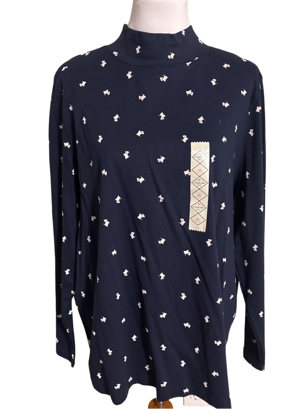 St. John's Bay Navy Long Sleeve Mock Neck Top with White Print